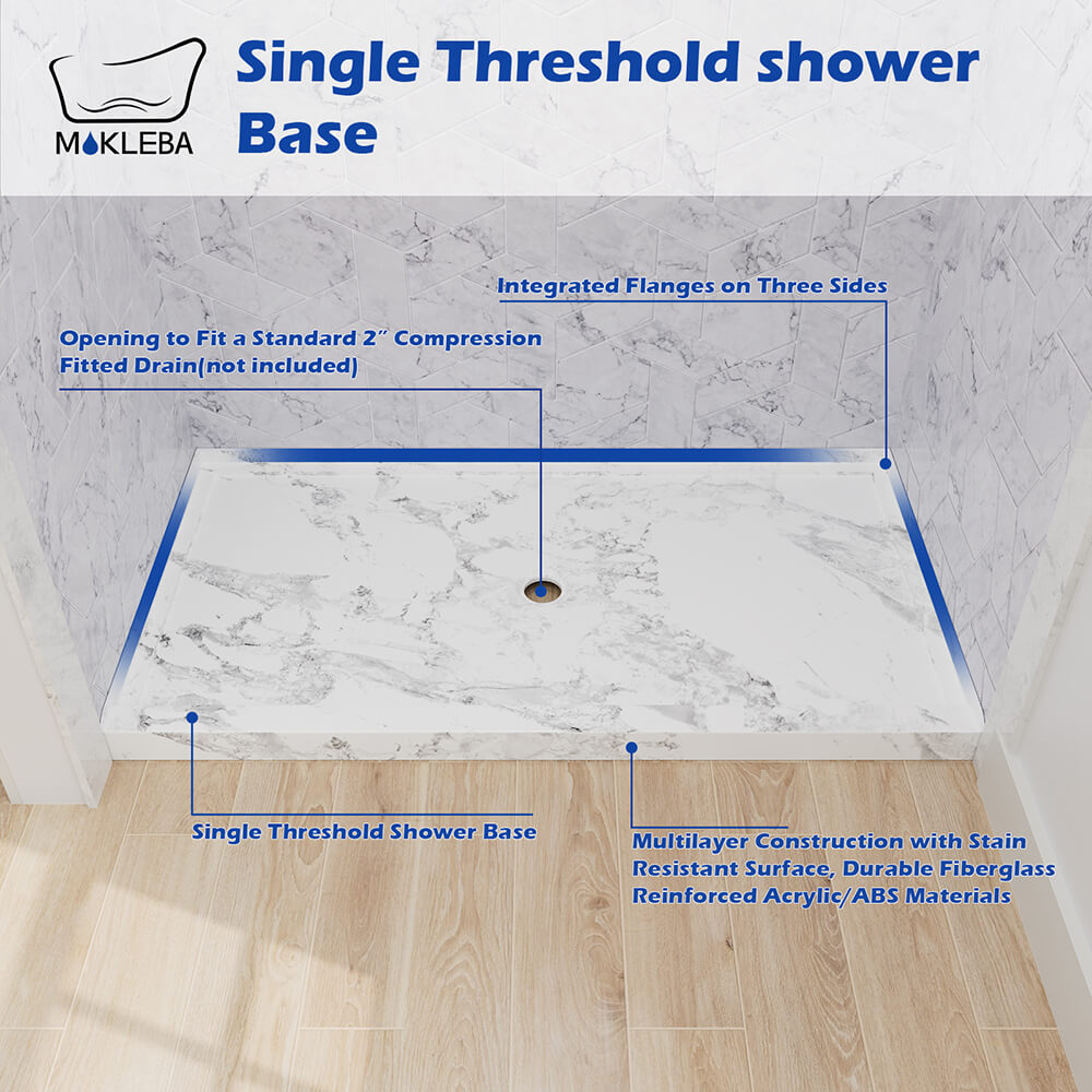 Mokleba 60" x 36" Shower Base with Center Drain, Acrylic Stone Composite, Slip-Resistant