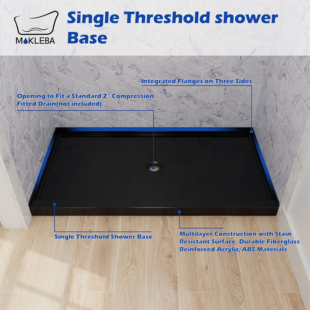 Mokleba 60" x 36" Shower Base with Center Drain, Acrylic Stone Composite, Slip-Resistant