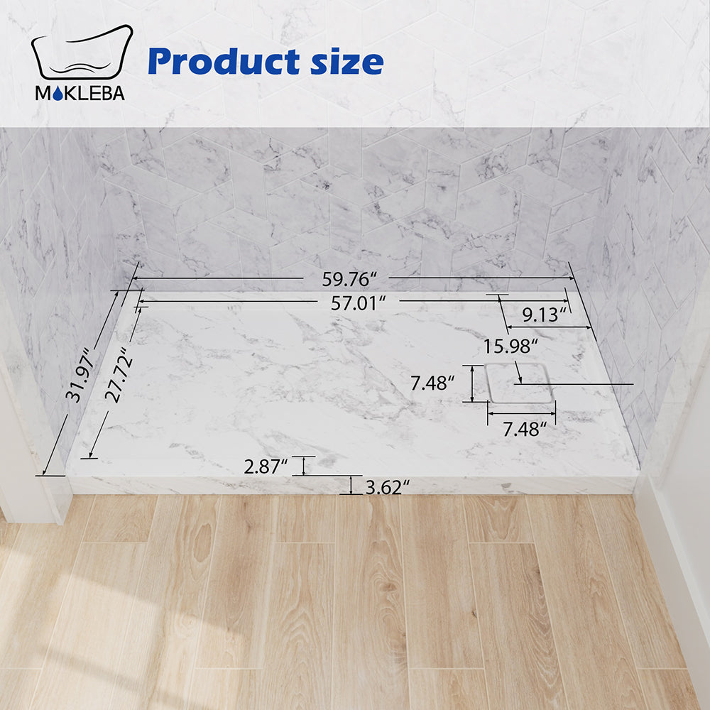 Mokleba 60"x32" Left Drain Shower Pan with Slip Resistant Rock Texture