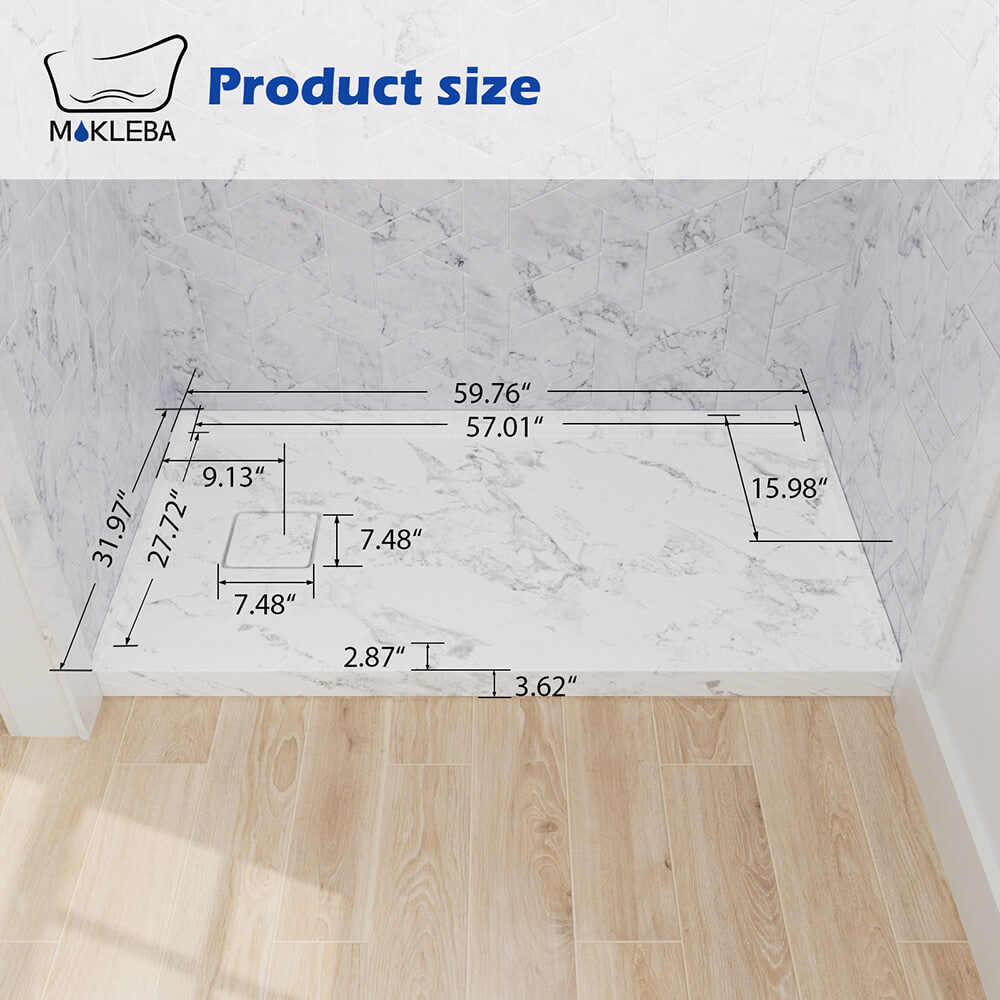 Mokleba 60"x32" Left Drain Shower Pan with Slip Resistant Rock Texture