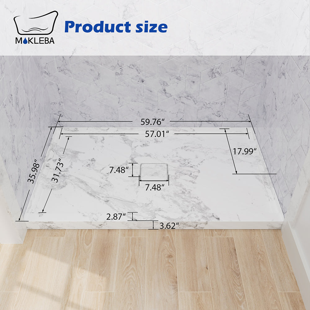 Mokleba 60"x36" Center Drain Square Outlet Shower Pan