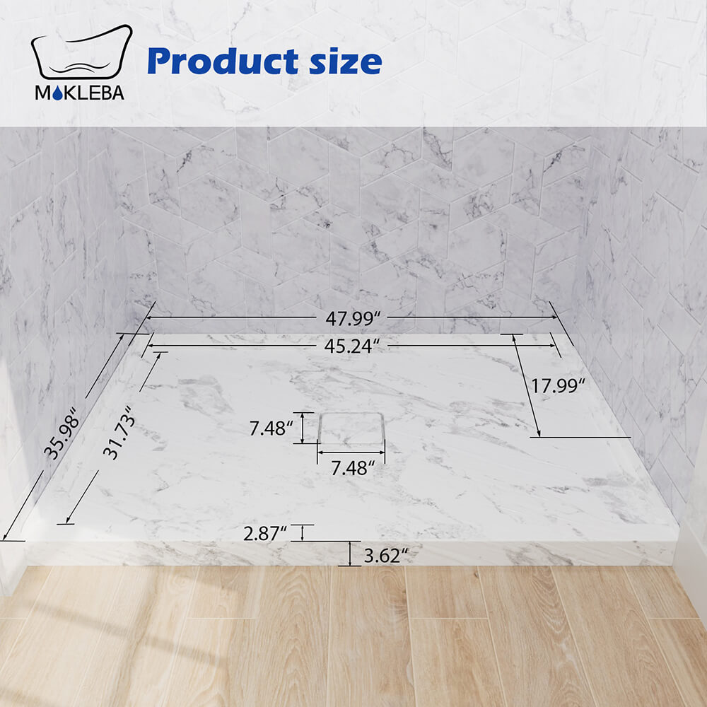 Mokleba 48"x36" Shower Pan with Square Outlet Center Drain