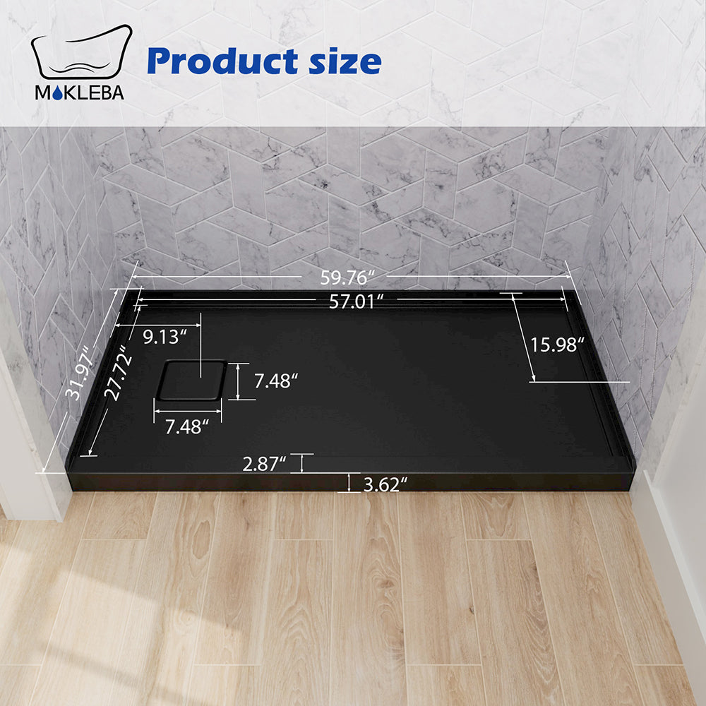 Mokleba 60"x32" Left Drain Shower Pan with Slip Resistant Rock Texture
