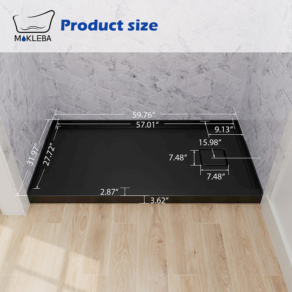 Mokleba 60"x32" Right Drain Shower Pan with Anti-Slip Rock Texture