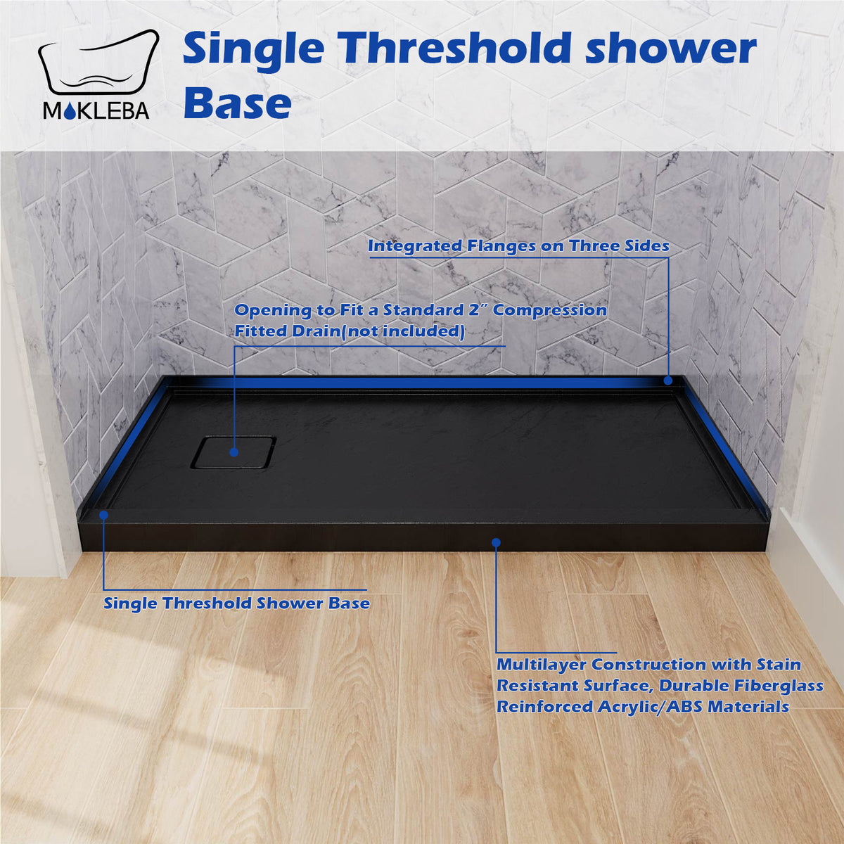 Mokleba 60"x32" Left Drain Shower Pan with Slip Resistant Rock Texture