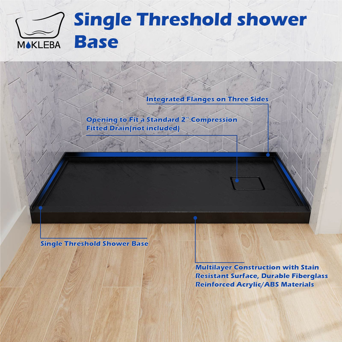 Mokleba 60"x32" Right Drain Shower Pan with Anti-Slip Rock Texture