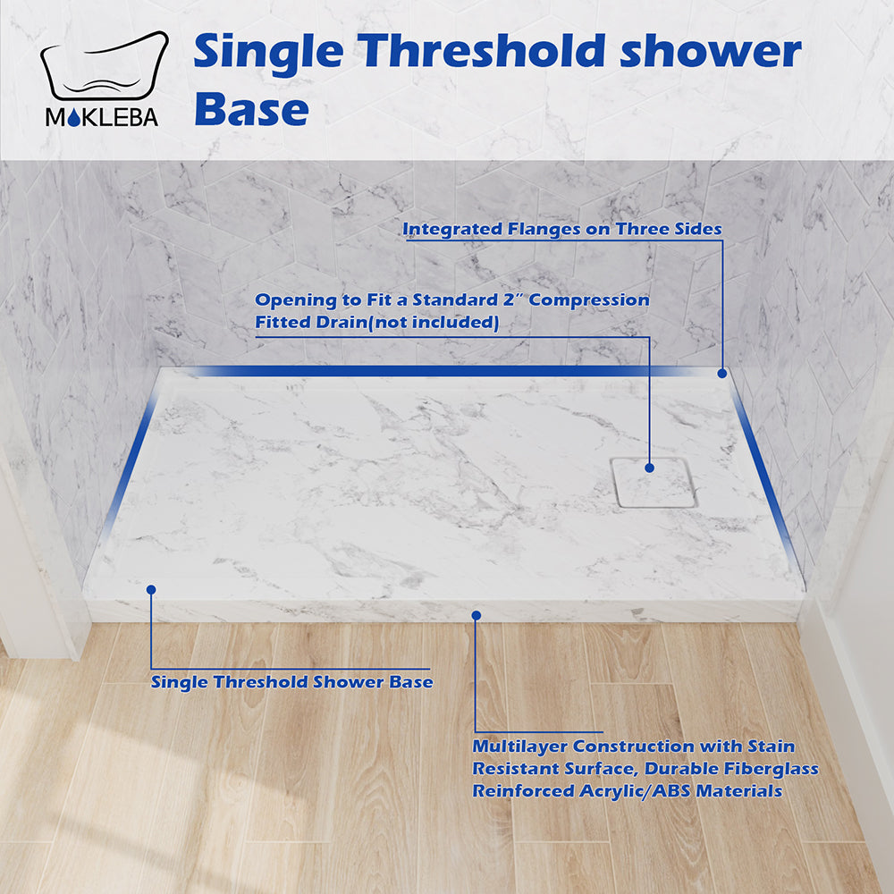 Mokleba 60"x32" Left Drain Shower Pan with Slip Resistant Rock Texture