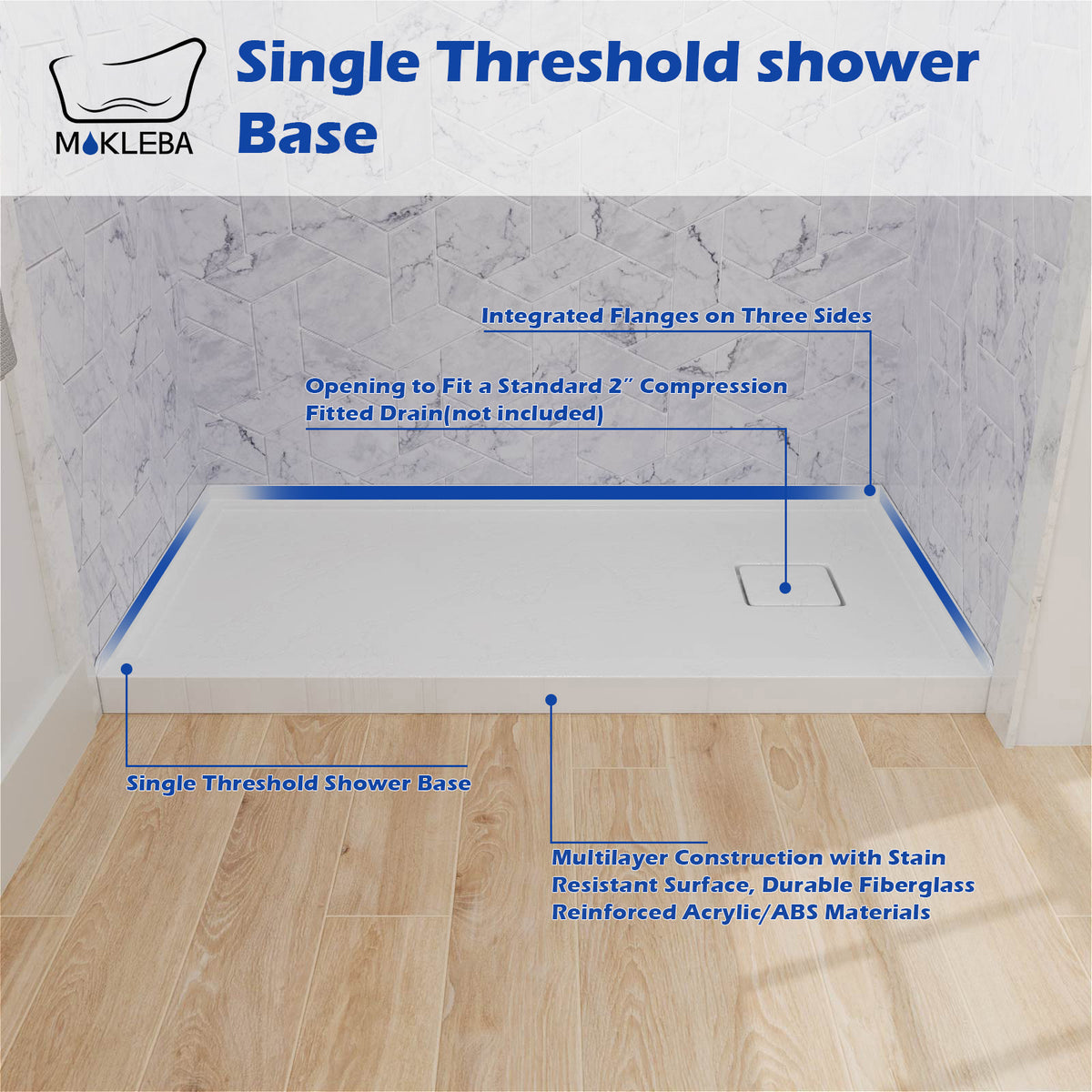 Mokleba 60"x32" Right Drain Shower Pan with Anti-Slip Rock Texture