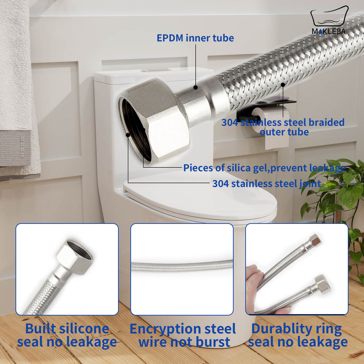 Mokleba 12/16 Inch Toilet Connector Hose, 304 Stainless Steel Supply Line