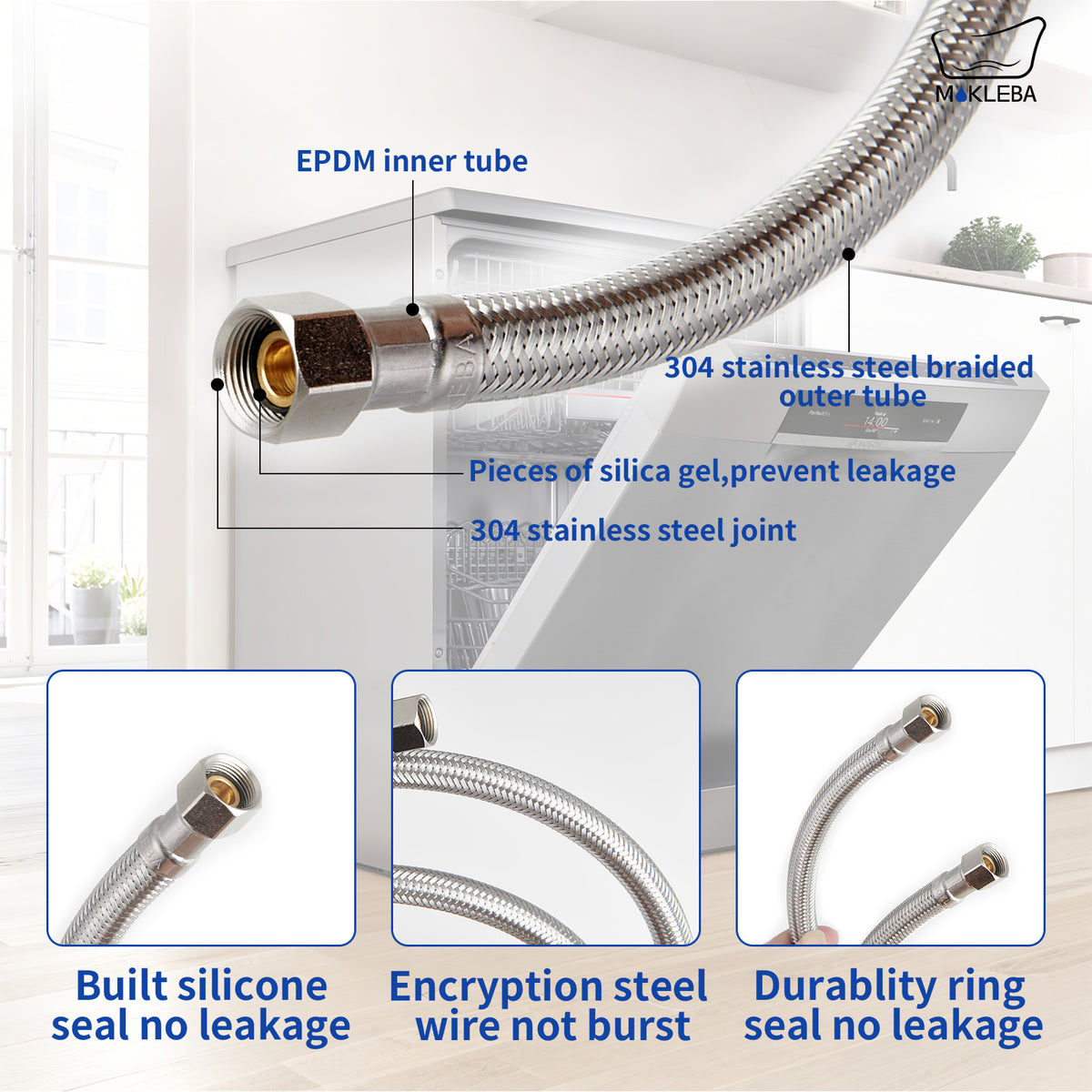 Mokleba 6FT Dishwasher Connector, 3/8" Inlet Hose with Stainless Steel Braid