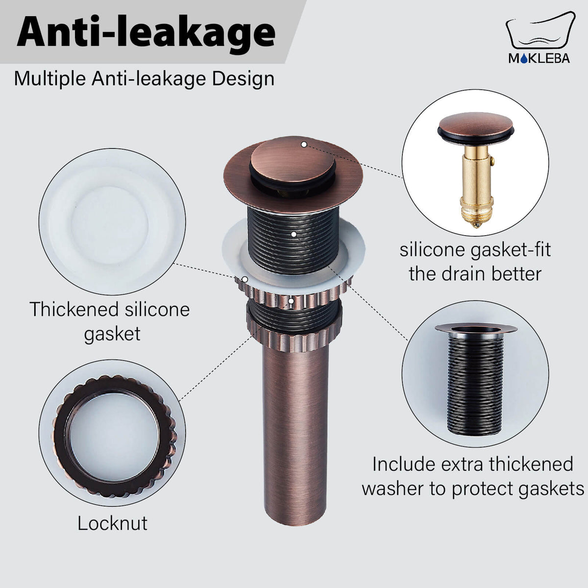 Solid Brass No-Overflow Sink Drain with Hand-Tighten Lock Nut, 5 Finishes