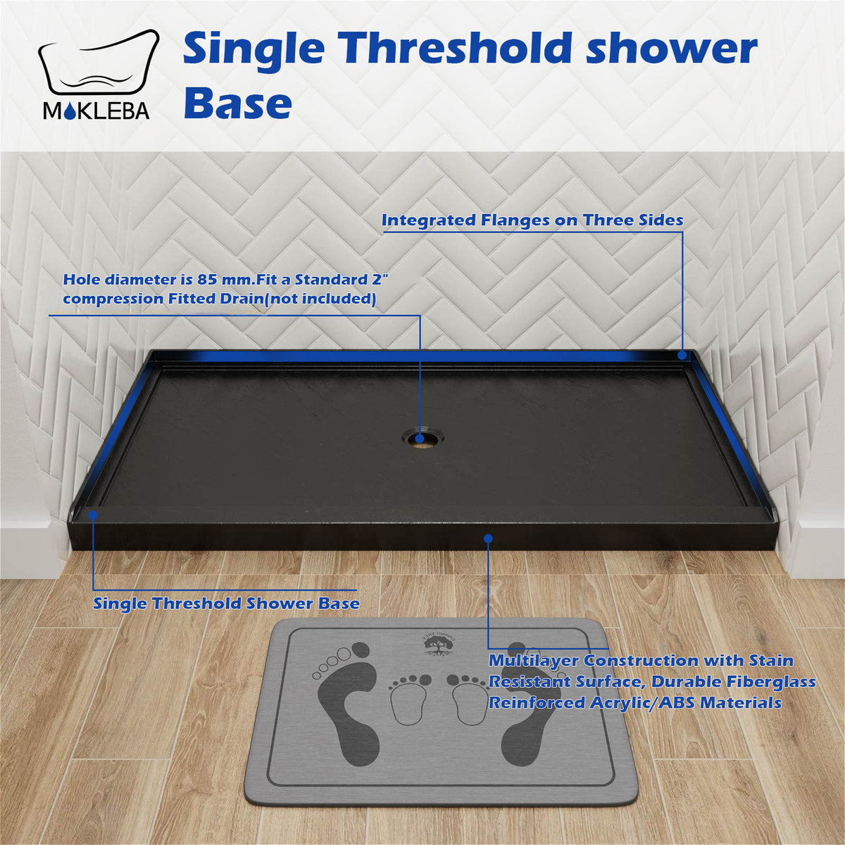 Mokleba 60"x36" Center Drain Anti-Slip Shower Pan