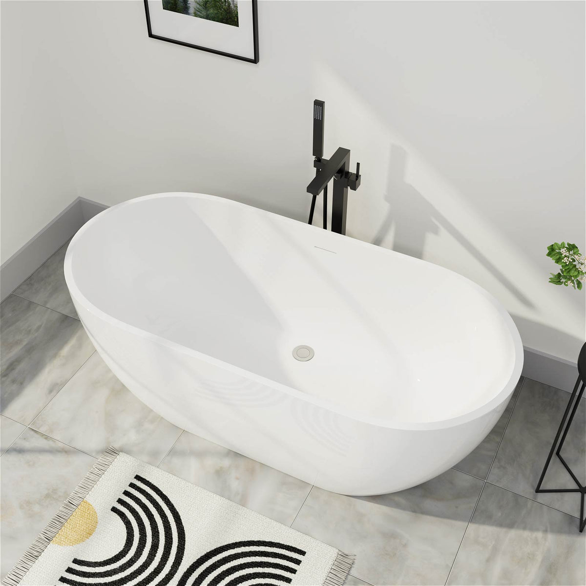 Mokleba 65"L x 28"W Glossy White Freestanding Acrylic Soaking Bathtub with Chrome Drain & Overflow