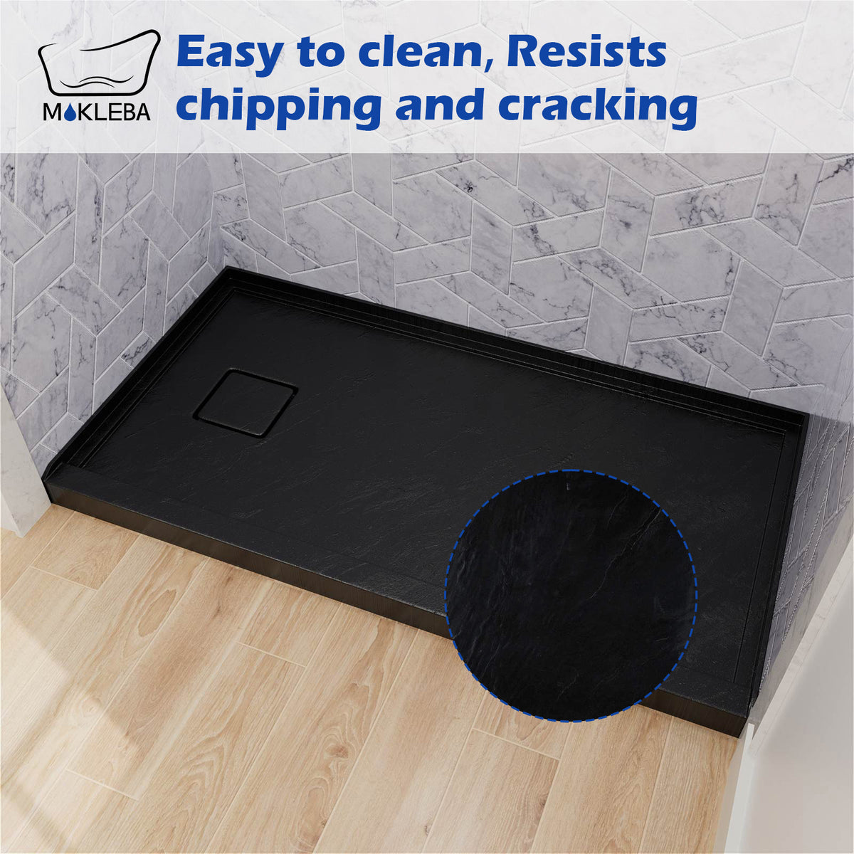 Mokleba 60"x32" Left Drain Shower Pan with Slip Resistant Rock Texture
