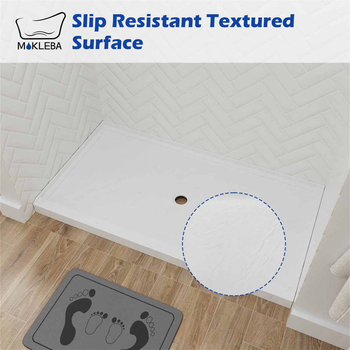 Mokleba 60" x 36" Shower Base with Center Drain, Acrylic Stone Composite, Slip-Resistant