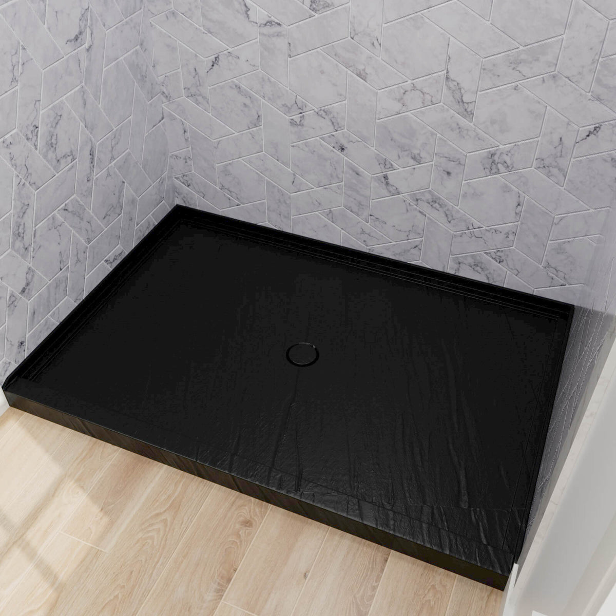 Mokleba 48"x32" Round Outlet Center Drain Shower Pan