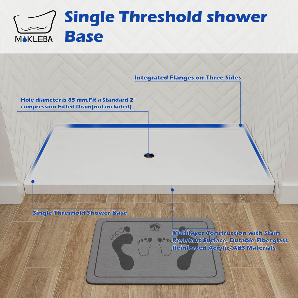 Mokleba 60"x36" Center Drain Anti-Slip Shower Pan