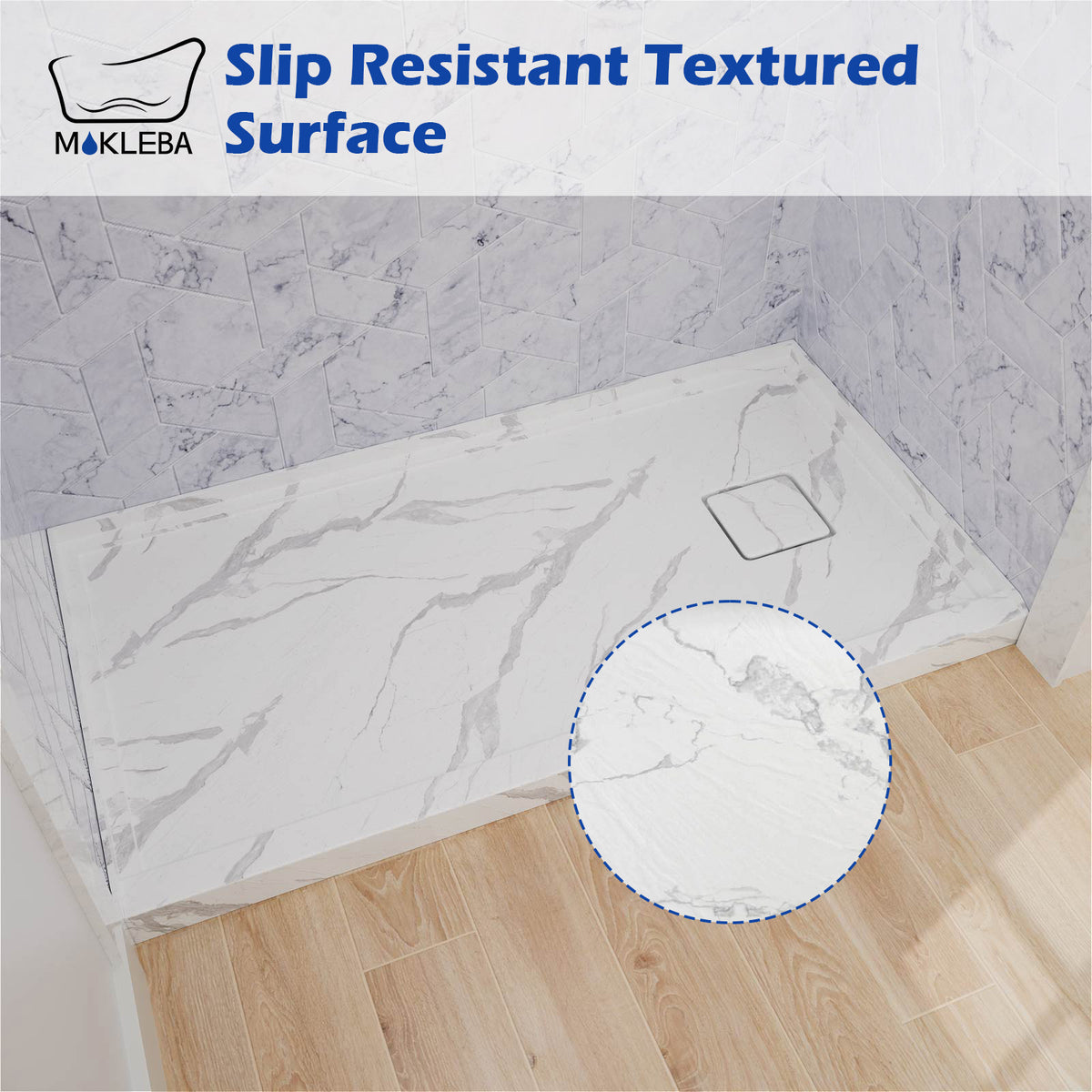 Mokleba 60"x32" Right Drain Shower Pan with Anti-Slip Rock Texture