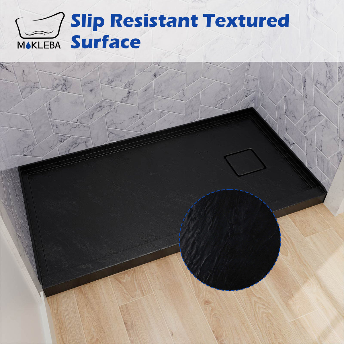 Mokleba 60"x32" Right Drain Shower Pan with Anti-Slip Rock Texture