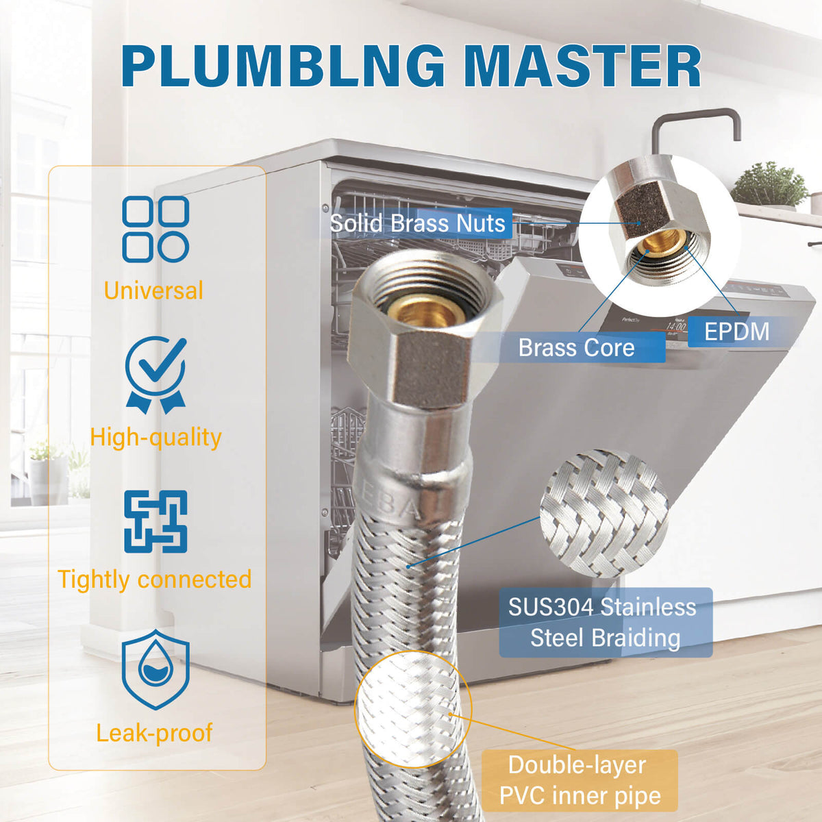 304 stainless steel braided dishwasher hose with brass core and EPDM inner pipe