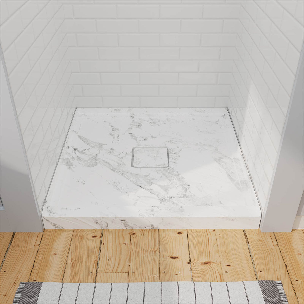 36 inch square shower base with marble look finish and center drain for walk in shower setup