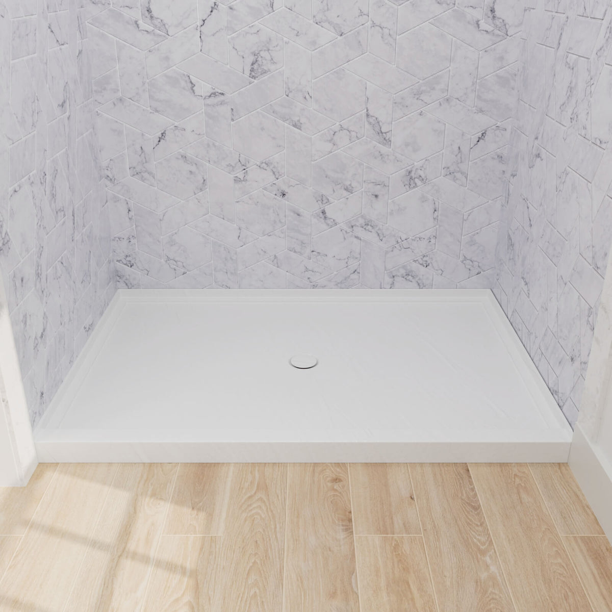 Mokleba 48"x32" Round Outlet Center Drain Shower Pan