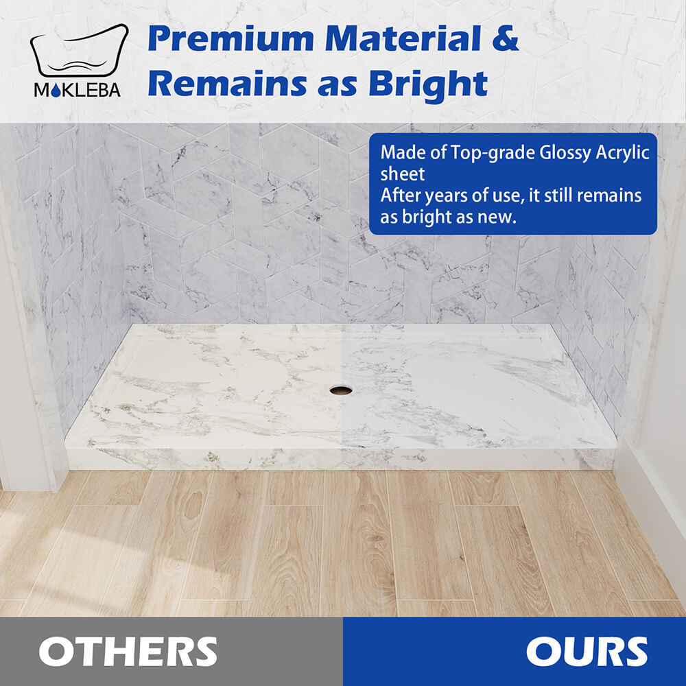 Mokleba 60" x 36" Shower Base with Center Drain, Acrylic Stone Composite, Slip-Resistant