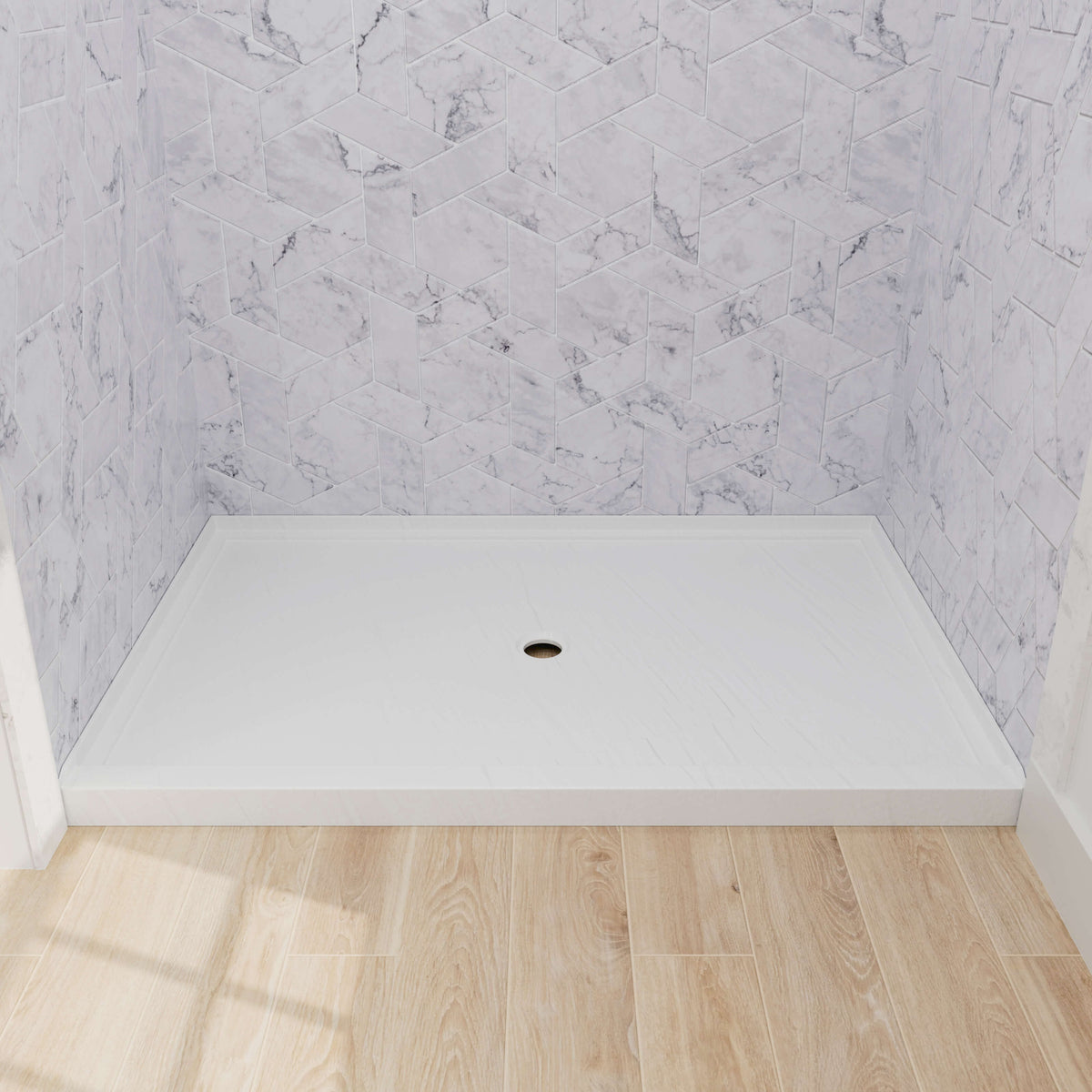Mokleba white shower base with reinforced construction and center drainage layout