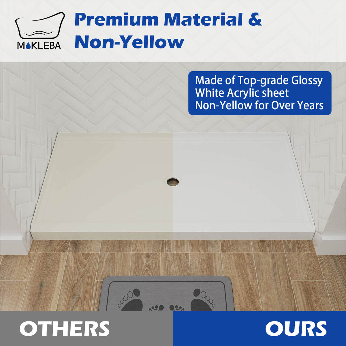 Mokleba 60" x 36" Shower Base with Center Drain, Acrylic Stone Composite, Slip-Resistant