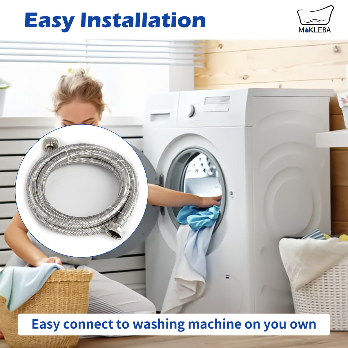 Mokleba Washing Machine Inlet Hose 4FT/6FT, 3/4" Stainless Steel Water Supply Line