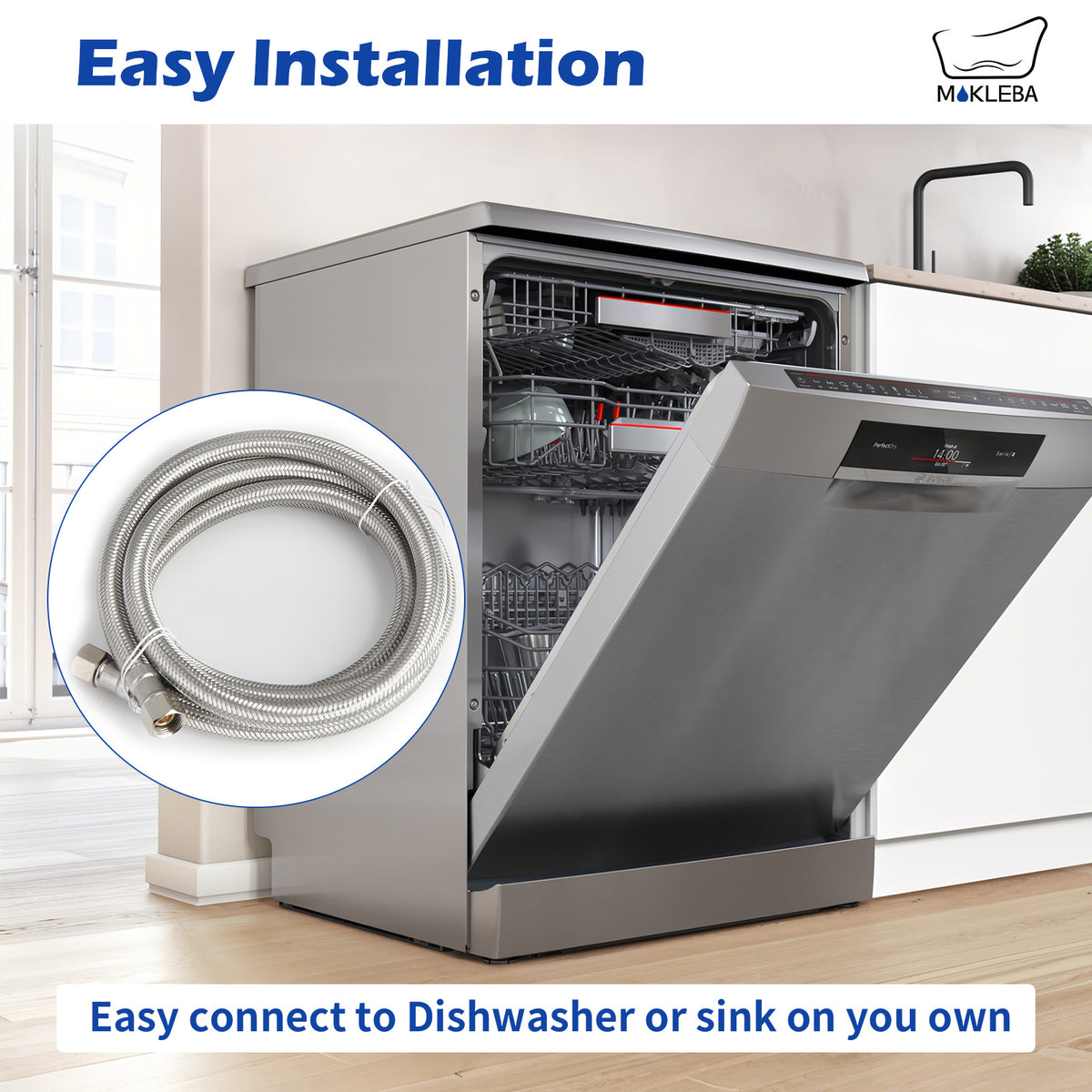 Mokleba 6FT Dishwasher Connector, 3/8" Inlet Hose with Stainless Steel Braid