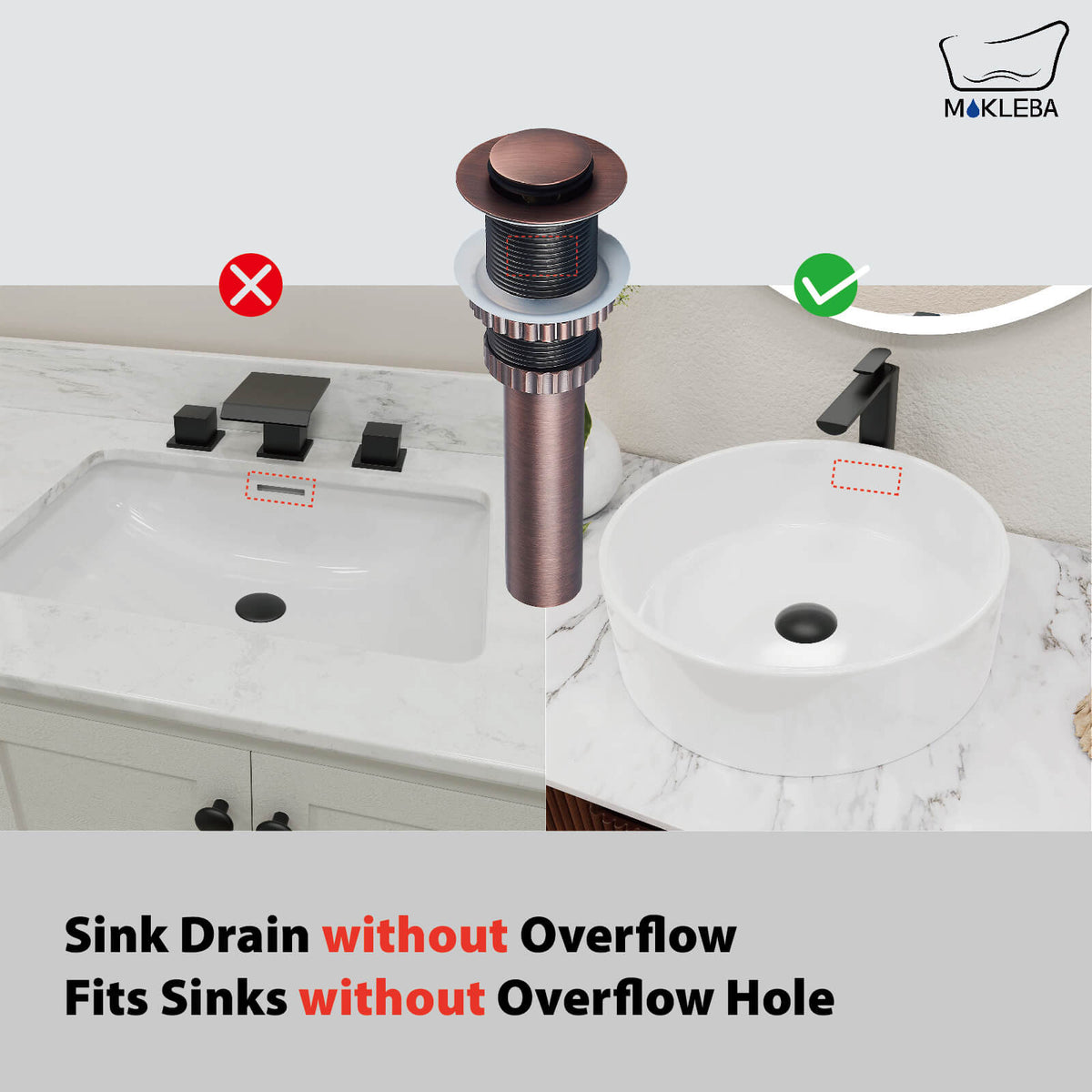 Solid Brass No-Overflow Sink Drain with Hand-Tighten Lock Nut, 5 Finishes