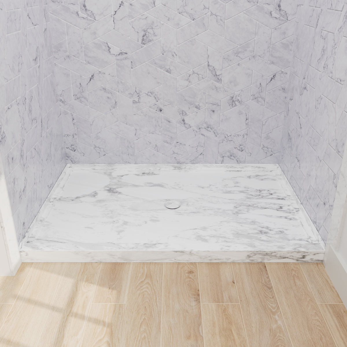Mokleba 48"x32" Round Outlet Center Drain Shower Pan