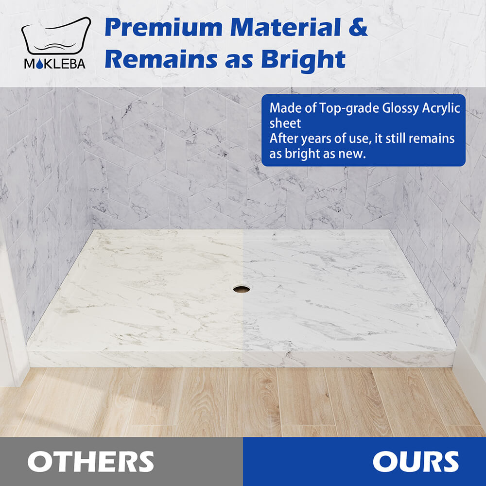 Mokleba 48"x32" Shower Base with Center Drain,  Acrylic Stone Composite Shower Pan, Slip-Resistant, No Mortar Installation