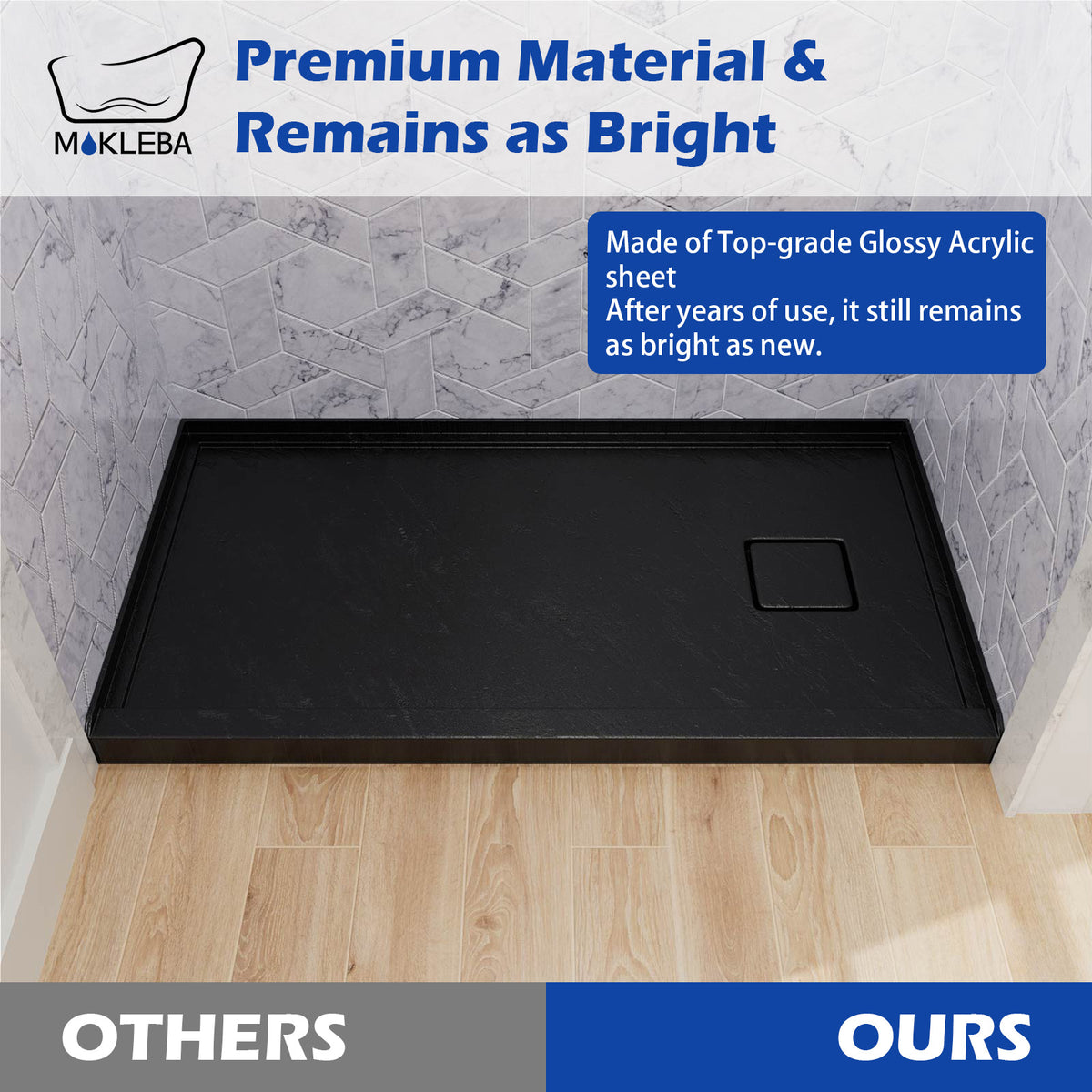 Mokleba 60"x32" Right Drain Shower Pan with Anti-Slip Rock Texture