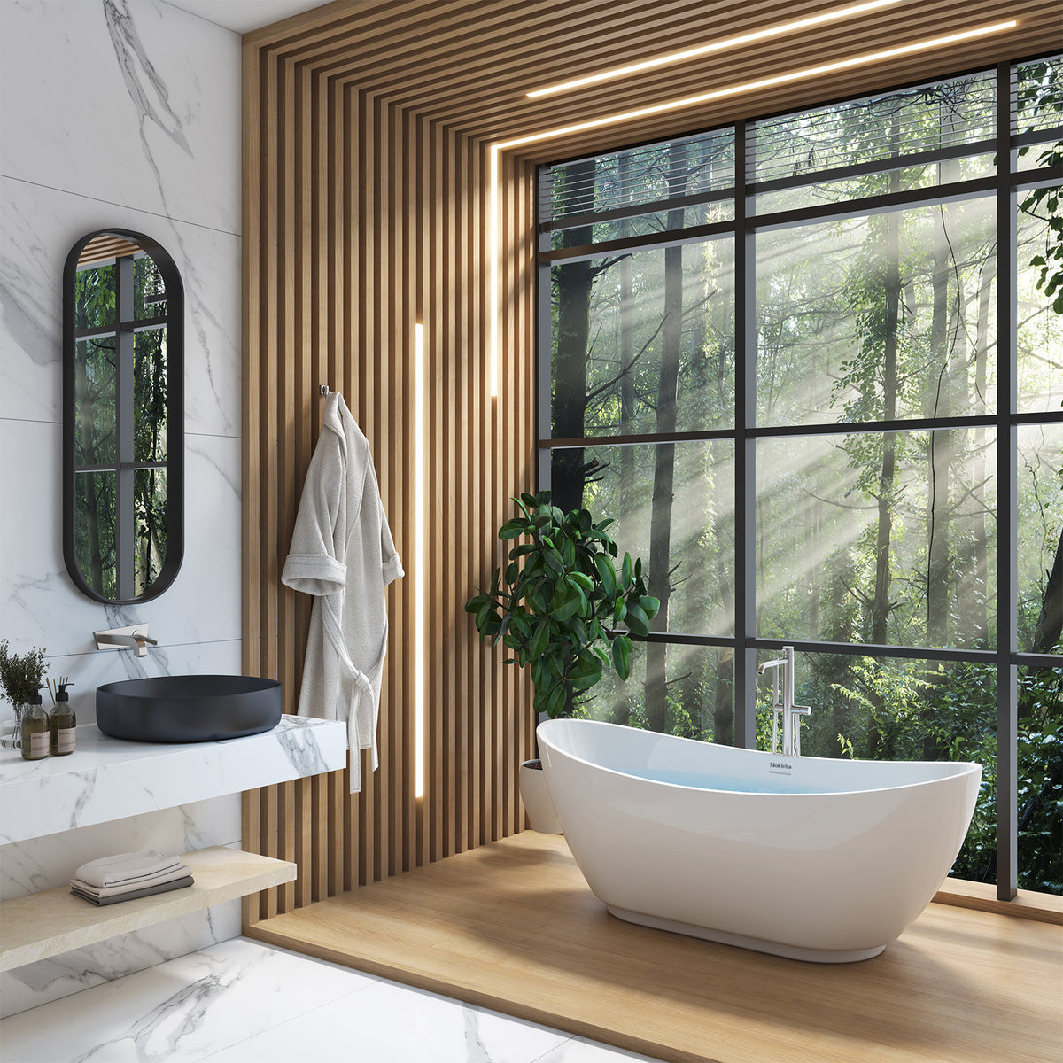 Mokleba 62 Inch White Acrylic Double Slipper Freestanding Tub Ideal for Bath Installations