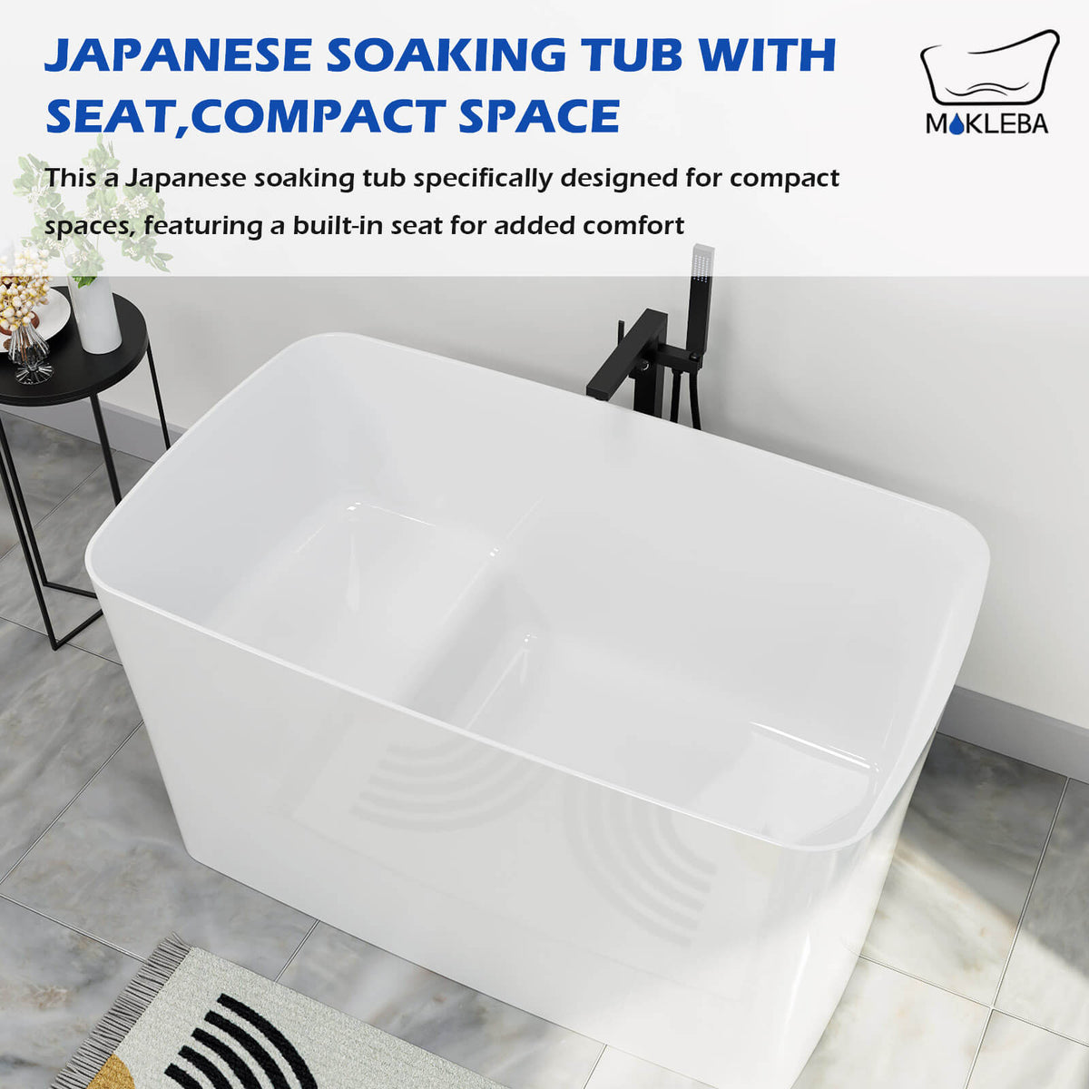 Mokleba 47" Acrylic Freestanding Rectangular Japanese Soaking Tub with Seat and Pop-up Drain