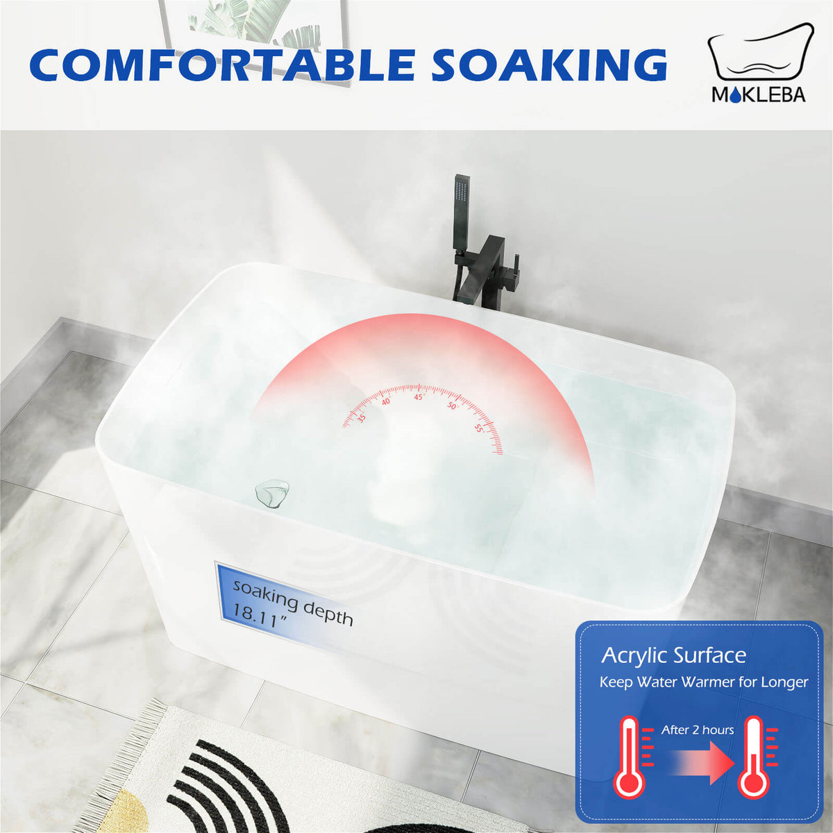 Mokleba 47" Acrylic Freestanding Rectangular Japanese Soaking Tub with Seat and Pop-up Drain
