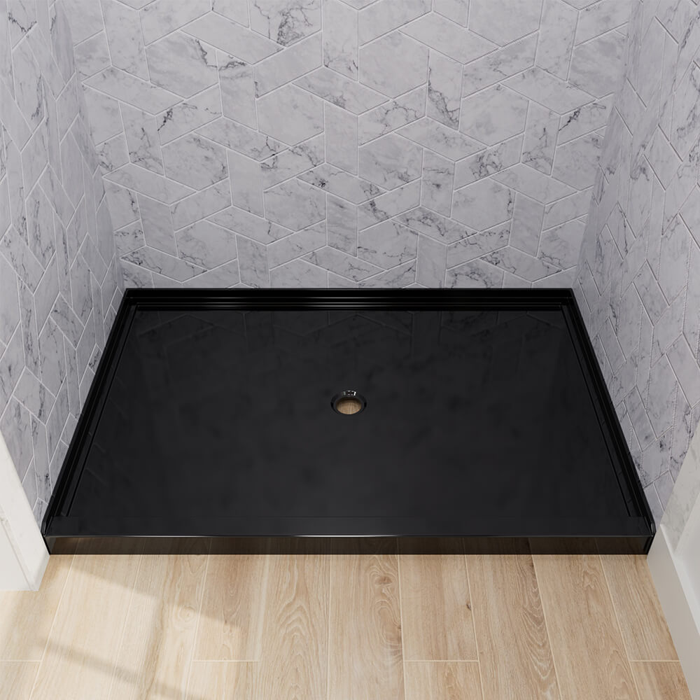 48x32 inch black shower pan with center drain and modern finish