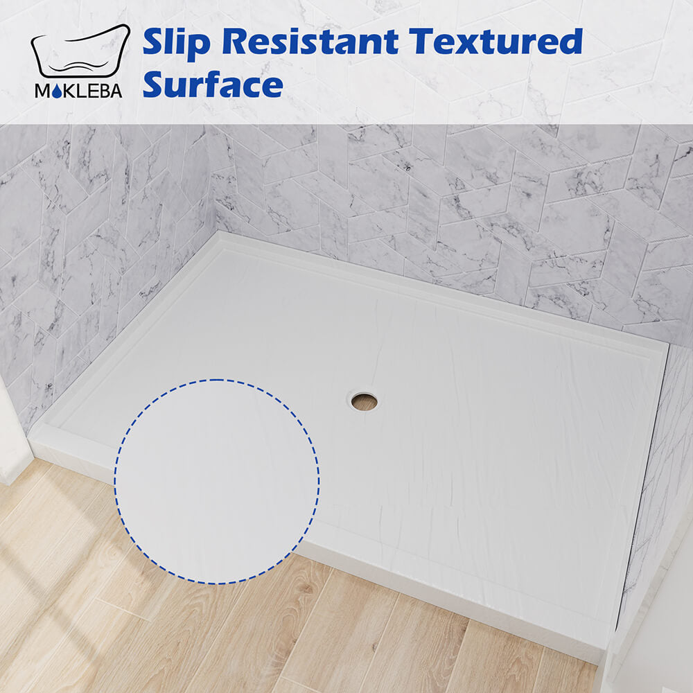 48x32 inch shower pan featuring textured surface for improved shower safety