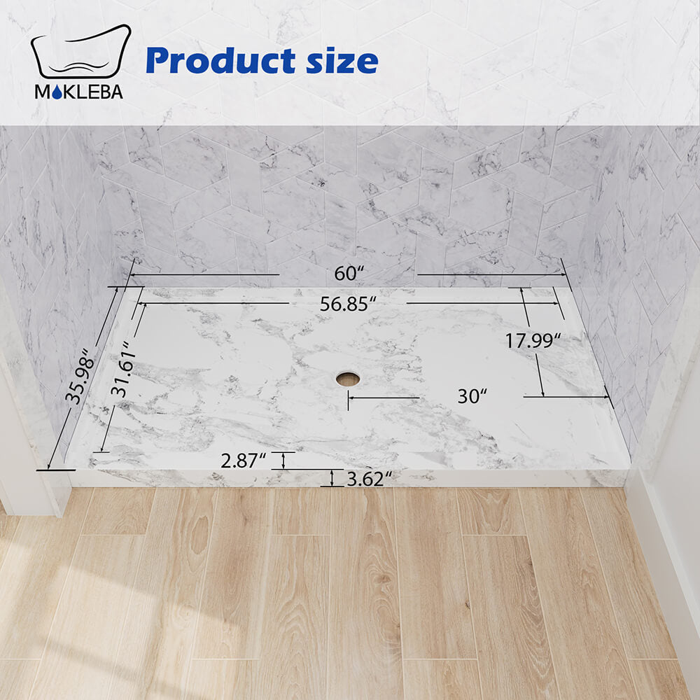 Mokleba 60" x 36" Shower Base with Center Drain, Acrylic Stone Composite, Slip-Resistant