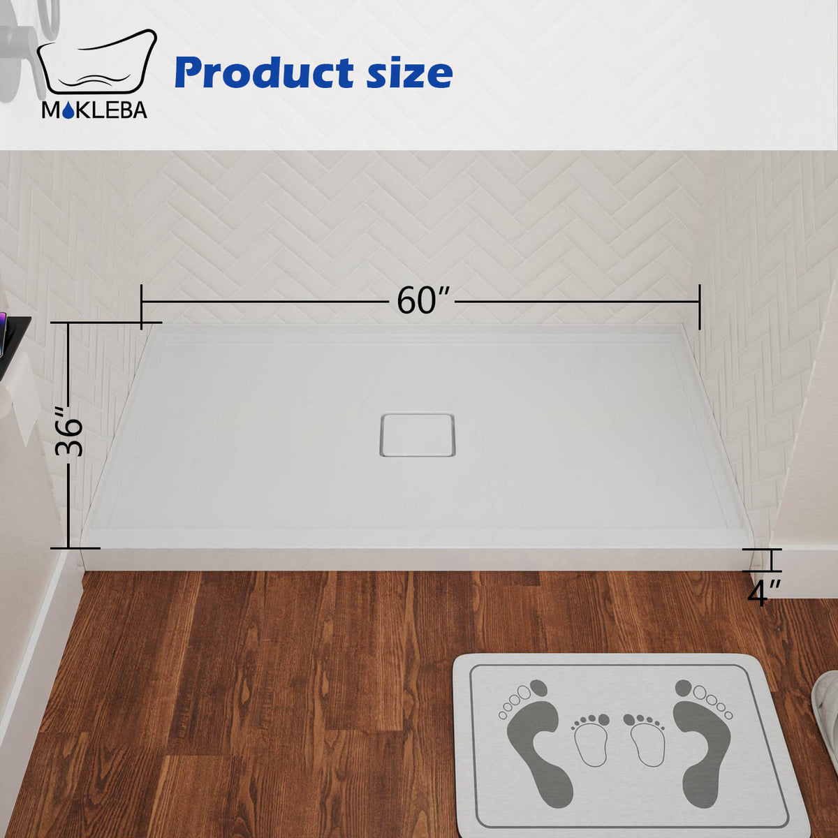 Mokleba 60" x 36" Shower Base with Center Drain, Magnetic Drain Cover, Acrylic Stone Composite, Slip-Resistant