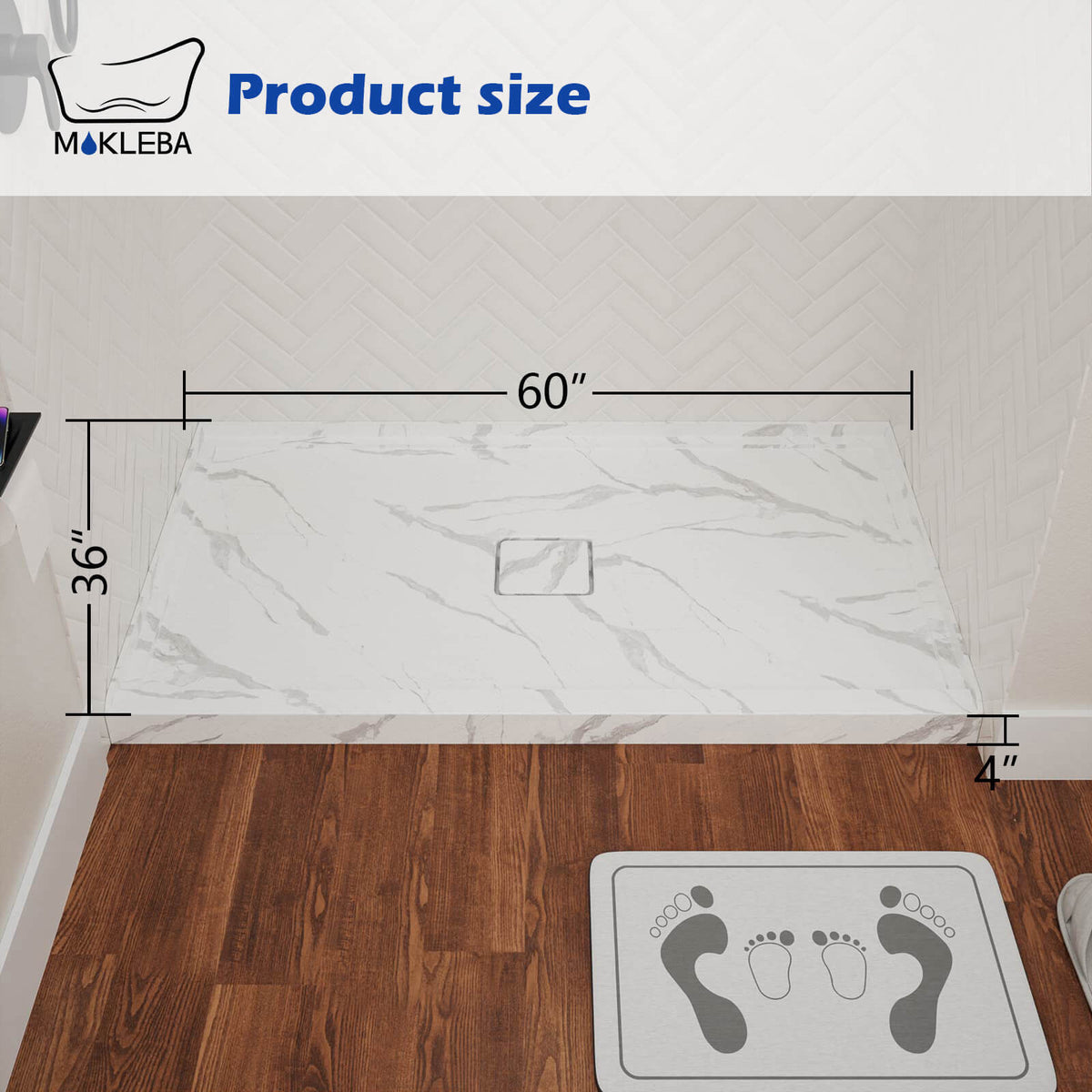 Mokleba 60" x 36" Shower Base with Center Drain, Magnetic Drain Cover, Acrylic Stone Composite, Slip-Resistant