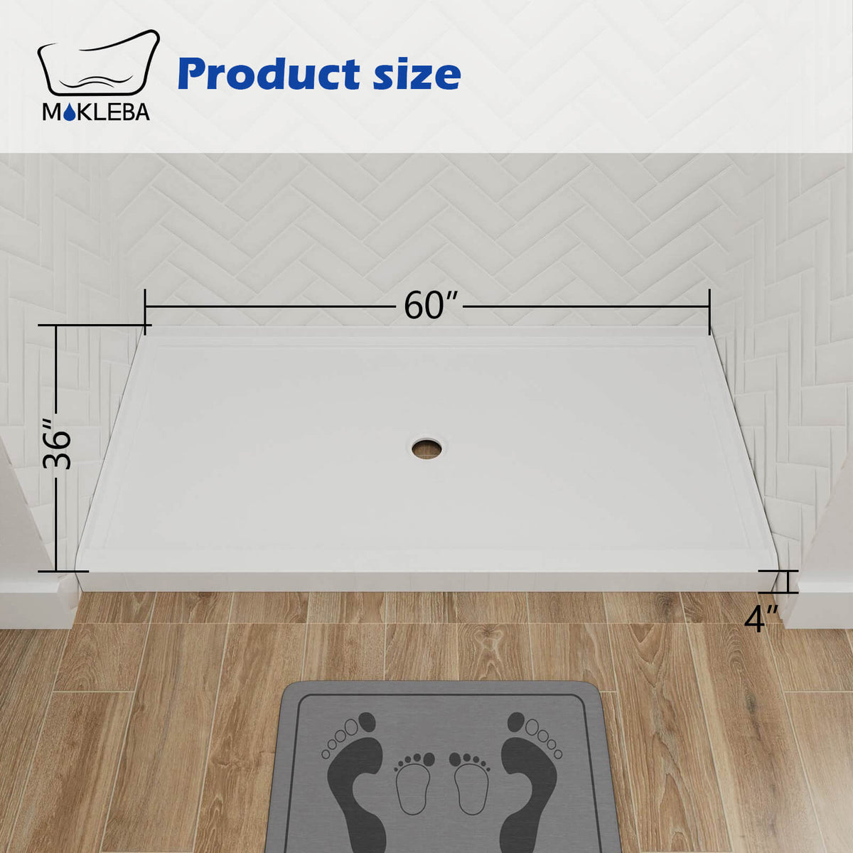 Mokleba 60" x 36" Shower Base with Center Drain, Acrylic Stone Composite, Slip-Resistant
