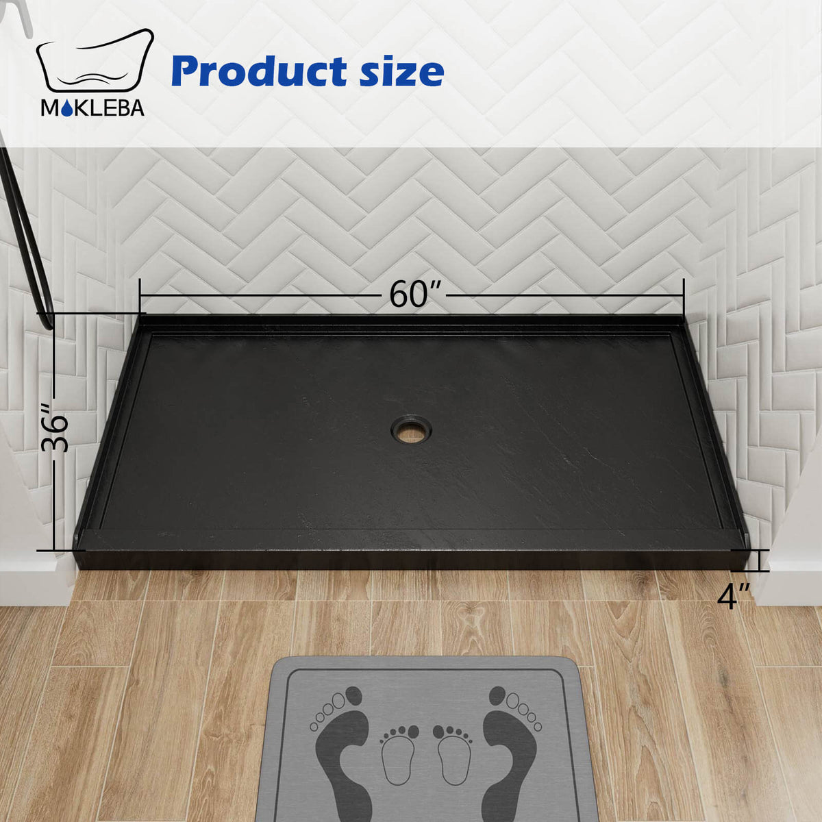 Mokleba 60" x 36" Shower Base with Center Drain, Acrylic Stone Composite, Slip-Resistant