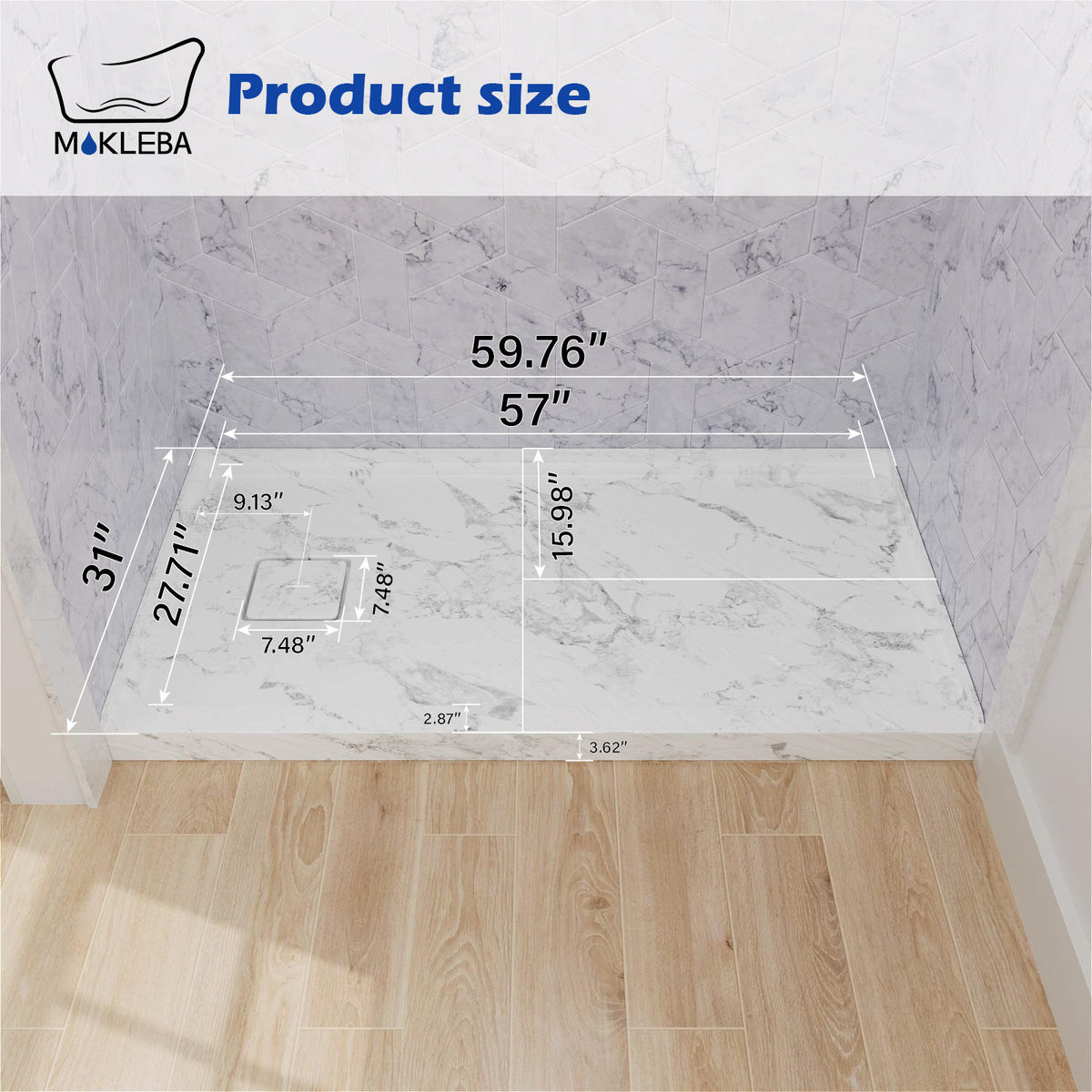 Mokleba 60"x32" Left Drain Shower Pan with Slip Resistant Rock Texture
