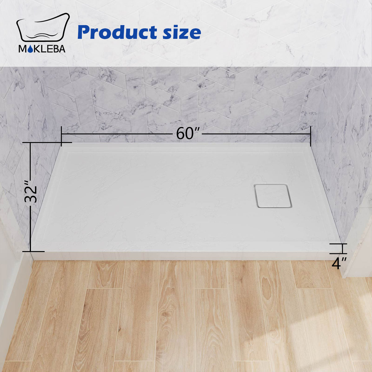 Mokleba 60"x32" Right Drain Shower Pan with Anti-Slip Rock Texture
