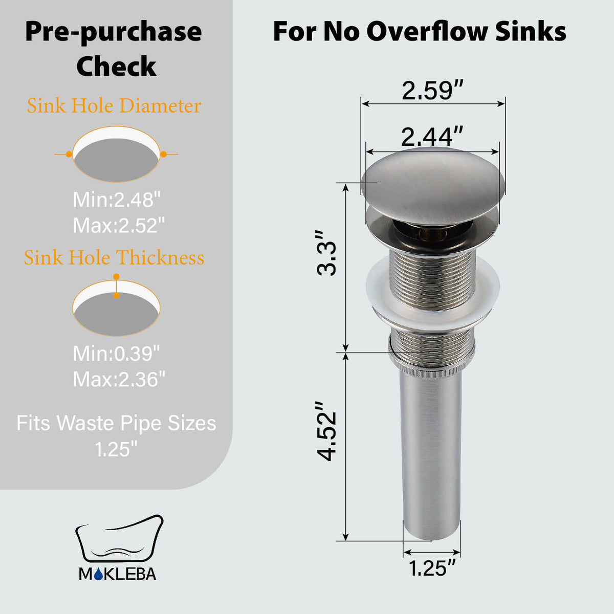 Solid Brass Pop-Up Sink Drain for Vessel Sinks Without Overflow, 5 Finishes