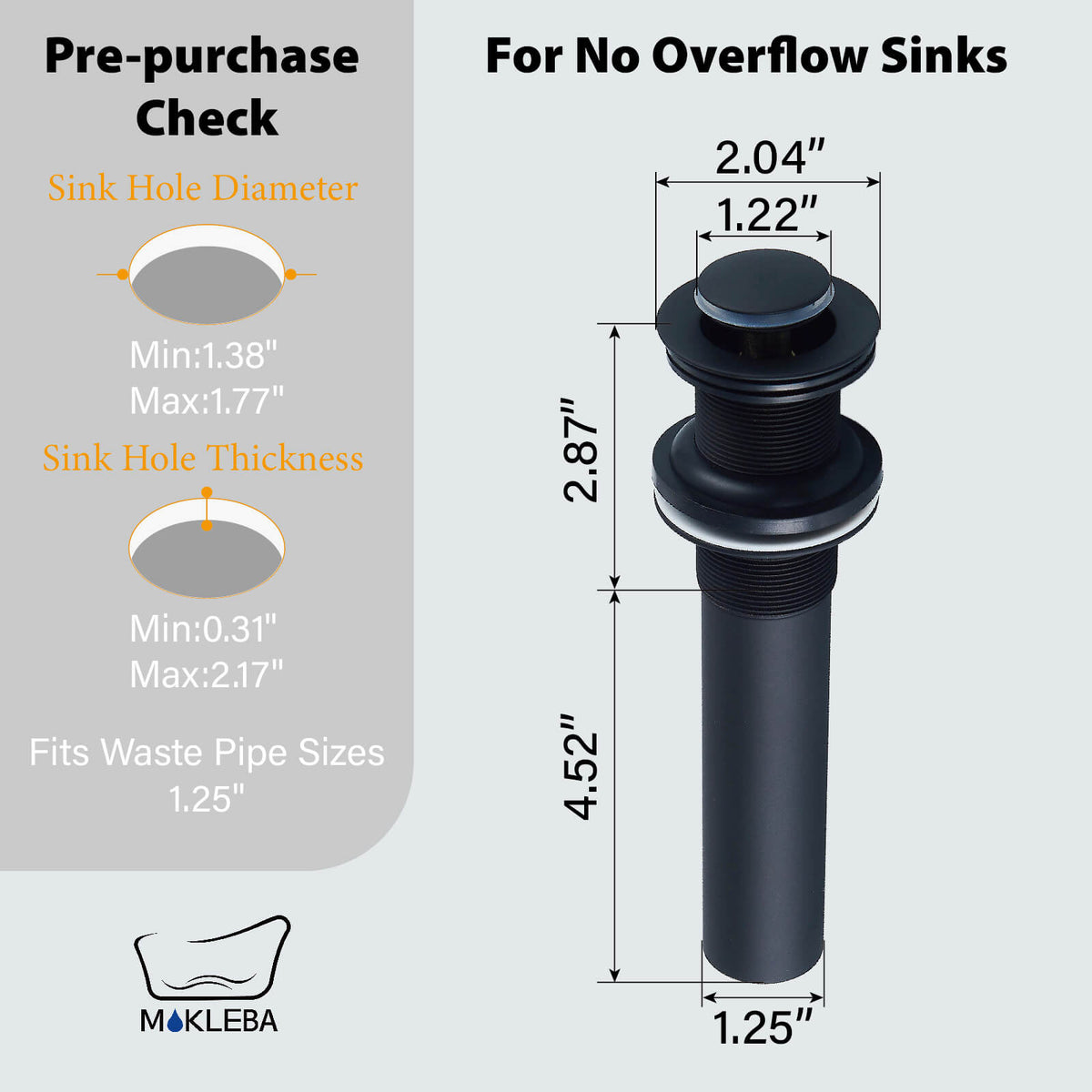 All-Brass No Overflow Bathroom Sink Drain Stopper, 5 Finishes