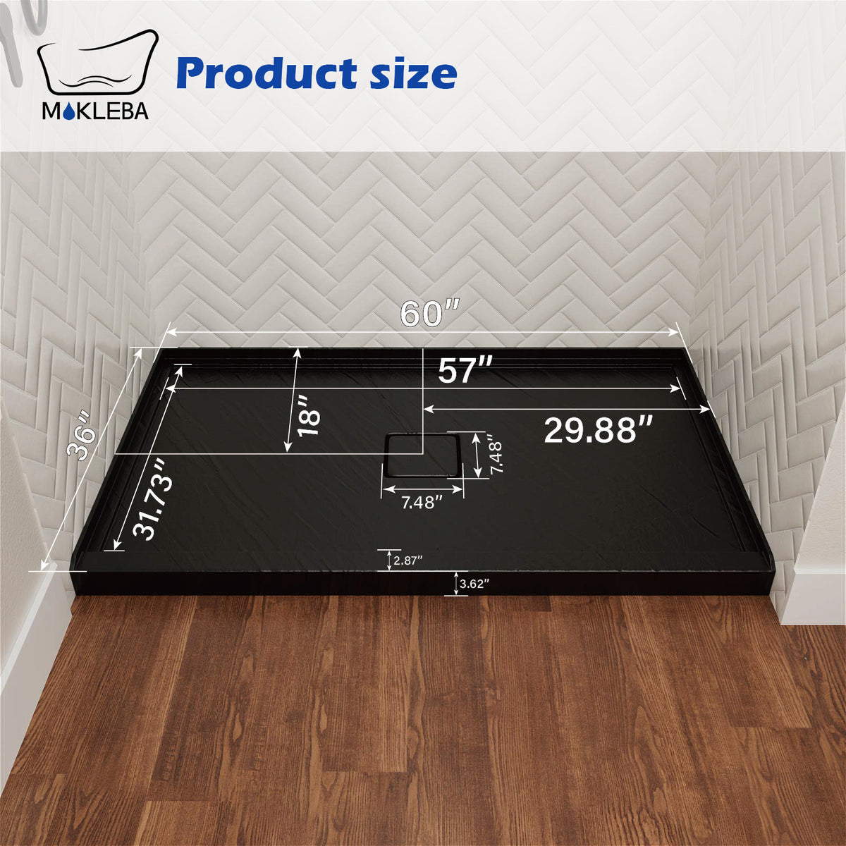 Mokleba 60"x36" Center Drain Square Outlet Shower Pan